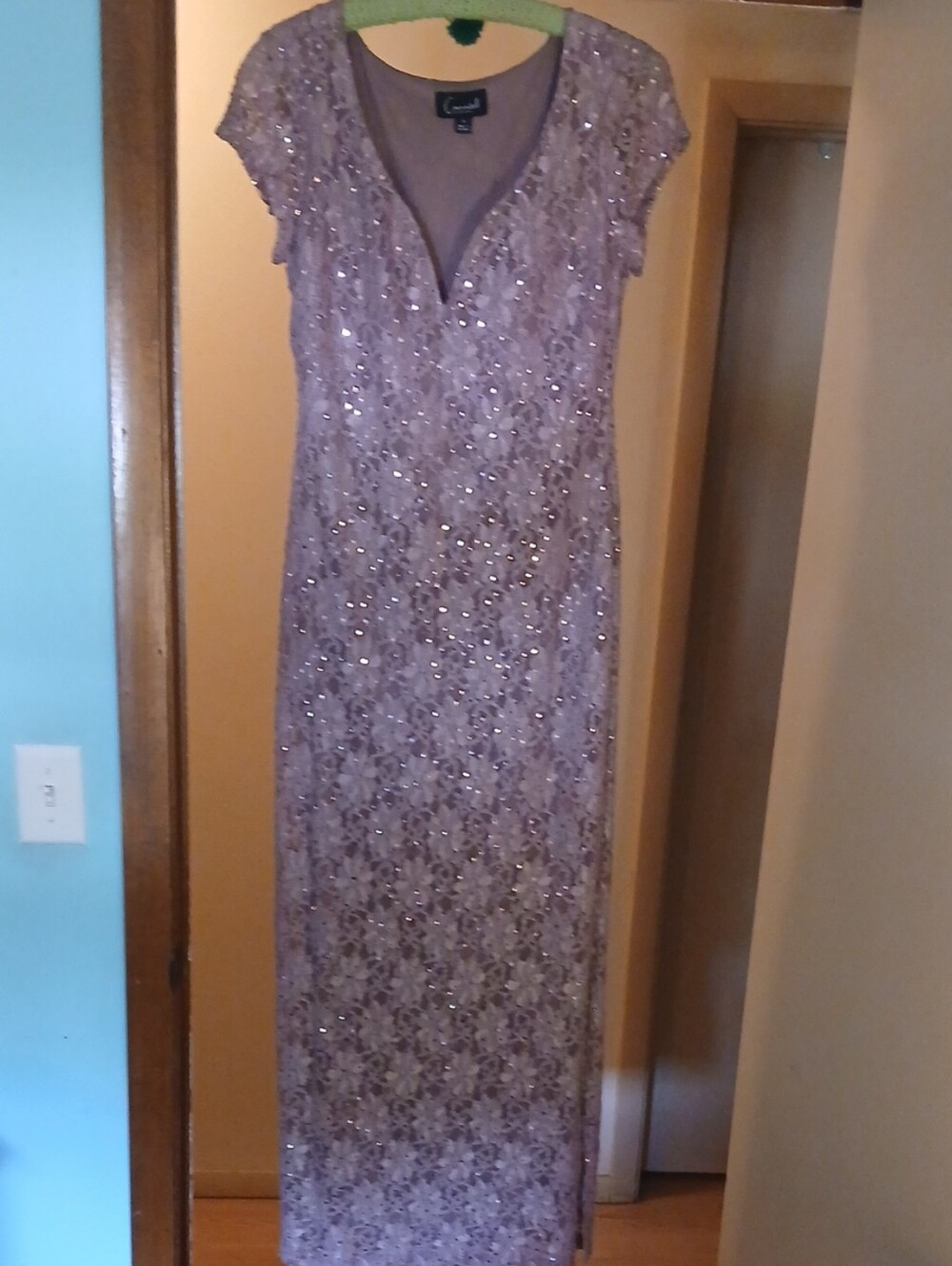 R&M Richards Lavender Sequin Lace Maxi Dress